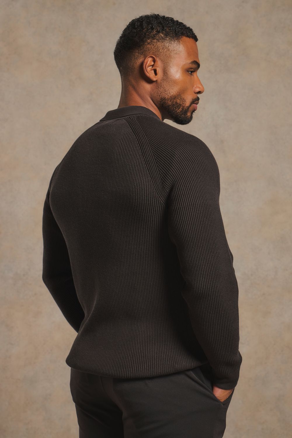 Cotton Textured Knitted Half Zip Polo Shirt in Chocolate