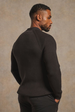 Cotton Textured Knitted Half Zip Polo Shirt in Chocolate