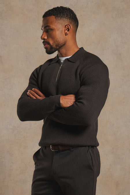 Cotton Textured Knitted Half Zip Polo Shirt in Chocolate