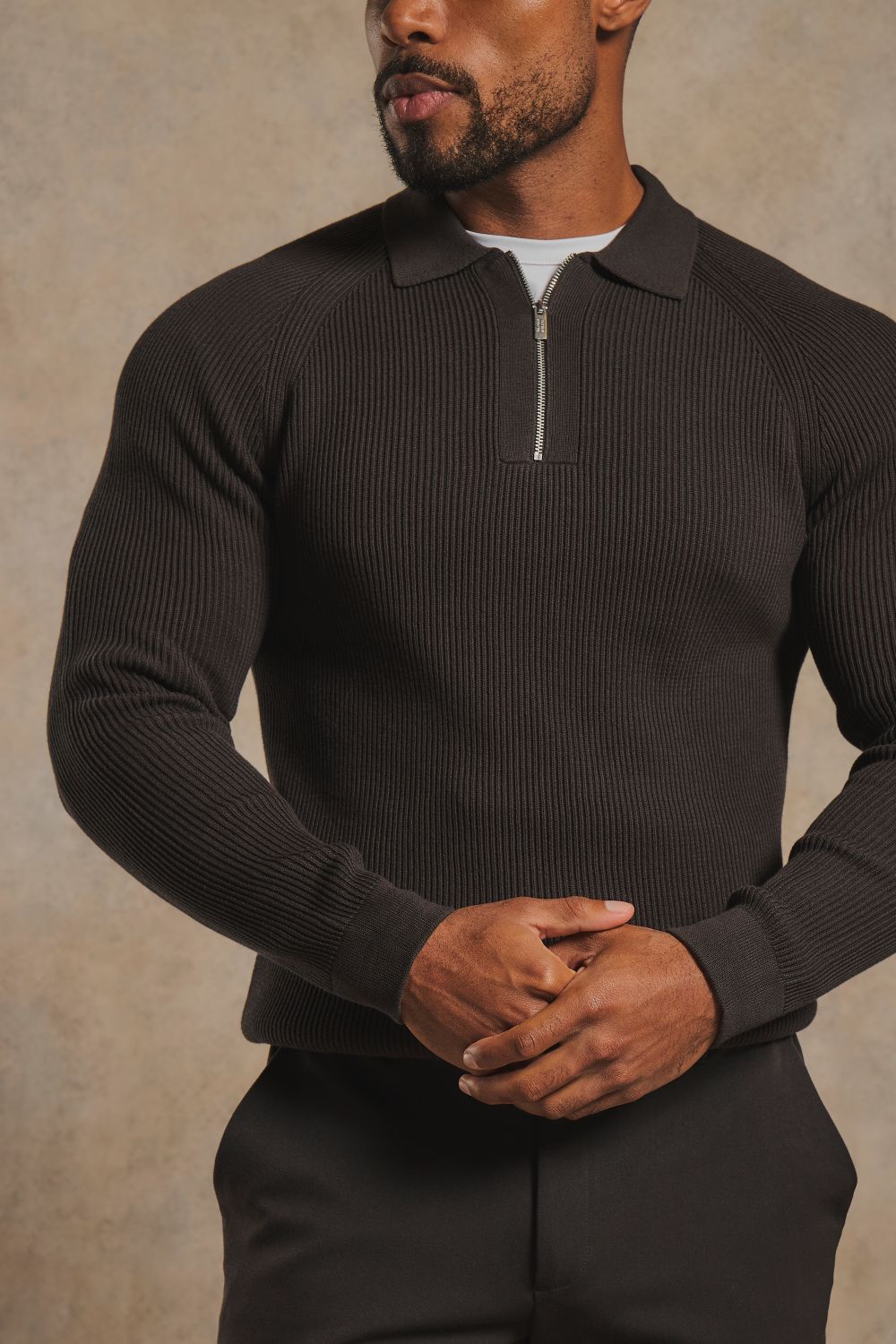 Cotton Textured Knitted Half Zip Polo Shirt in Chocolate
