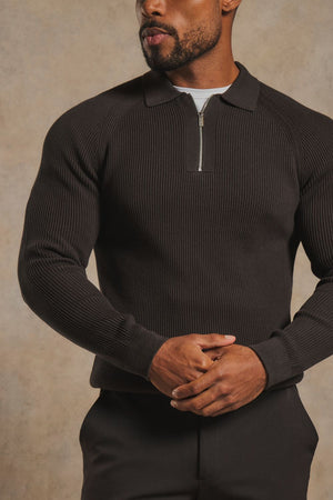 Cotton Textured Knitted Half Zip Polo Shirt in Chocolate