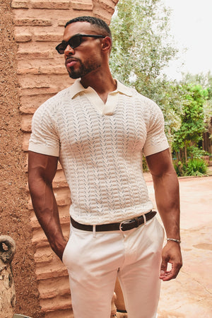 Pointelle Knitted Open Collar Polo Shirt in Chalk