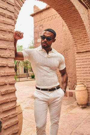 Pointelle Knitted Open Collar Polo Shirt in Chalk