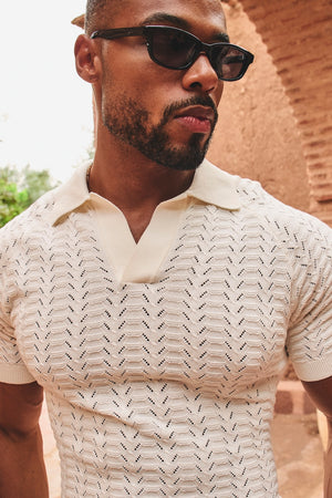 Pointelle Knitted Open Collar Polo Shirt in Chalk