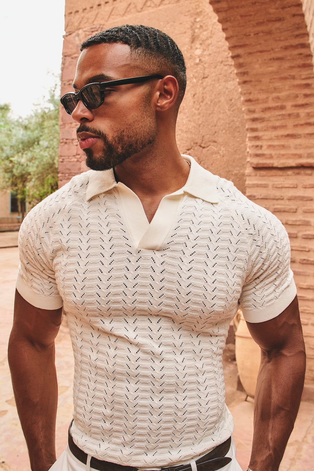 Pointelle Knitted Open Collar Polo Shirt in Chalk