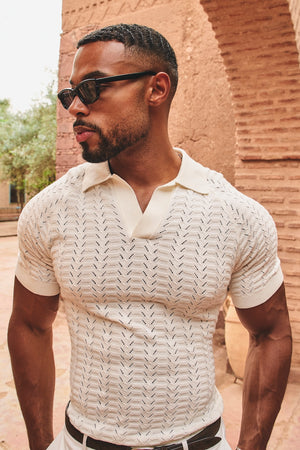 Pointelle Knitted Open Collar Polo Shirt in Chalk