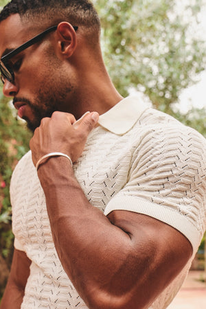 Pointelle Knitted Open Collar Polo Shirt in Chalk