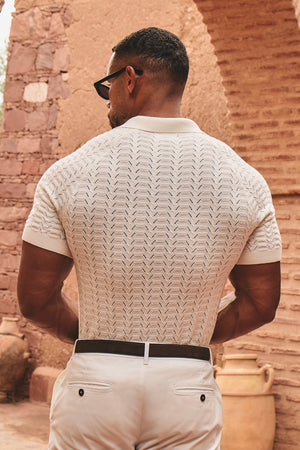 Pointelle Knitted Open Collar Polo Shirt in Chalk