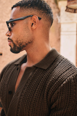Vertical Stripe Crochet Knitted Shirt in Chocolate - TAILORED ATHLETE - USA