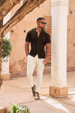 Vertical Stripe Crochet Knitted Shirt in Chocolate - TAILORED ATHLETE - USA