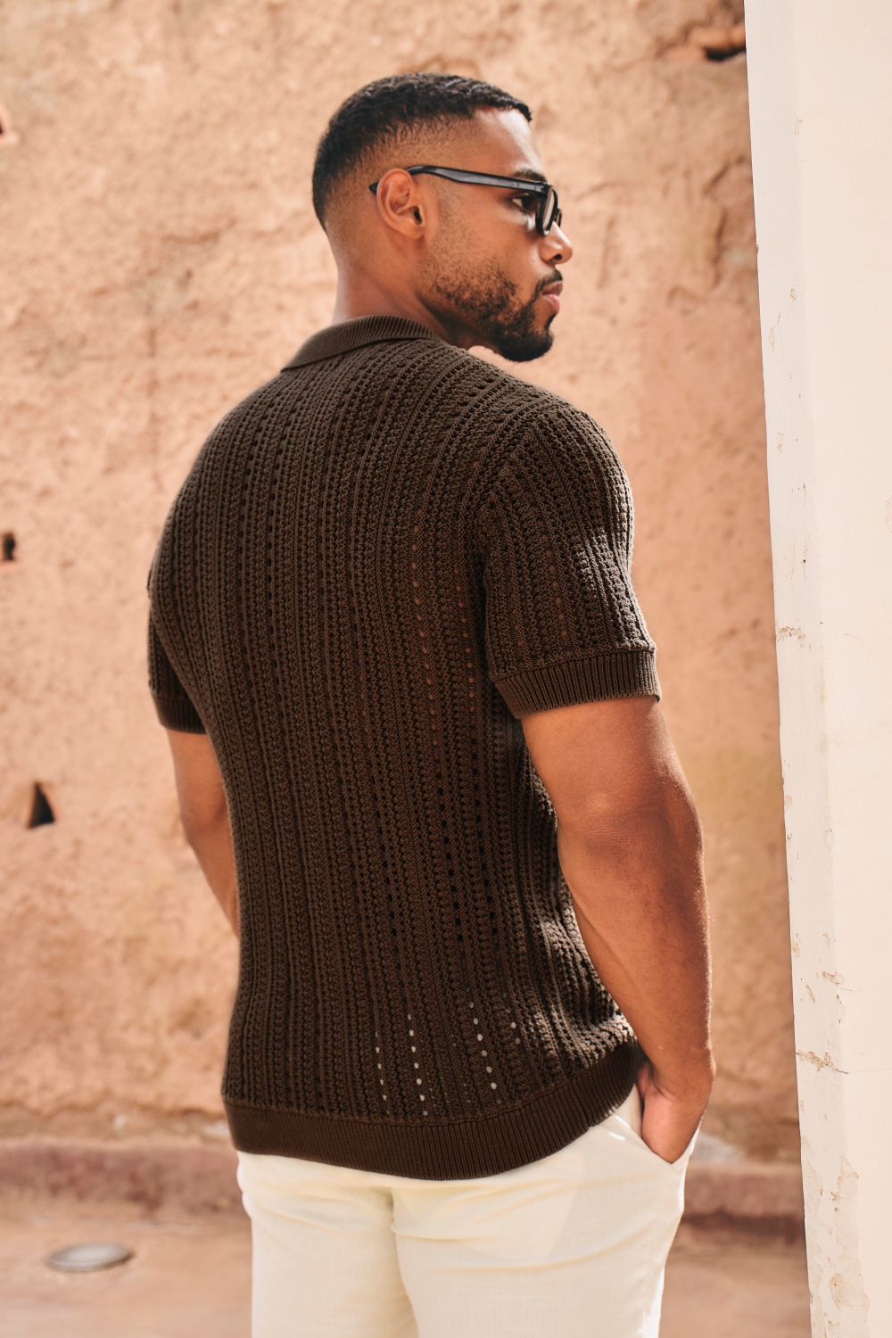 Vertical Stripe Crochet Knitted Shirt in Chocolate - TAILORED ATHLETE - USA