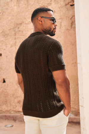 Vertical Stripe Crochet Knitted Shirt in Chocolate - TAILORED ATHLETE - USA