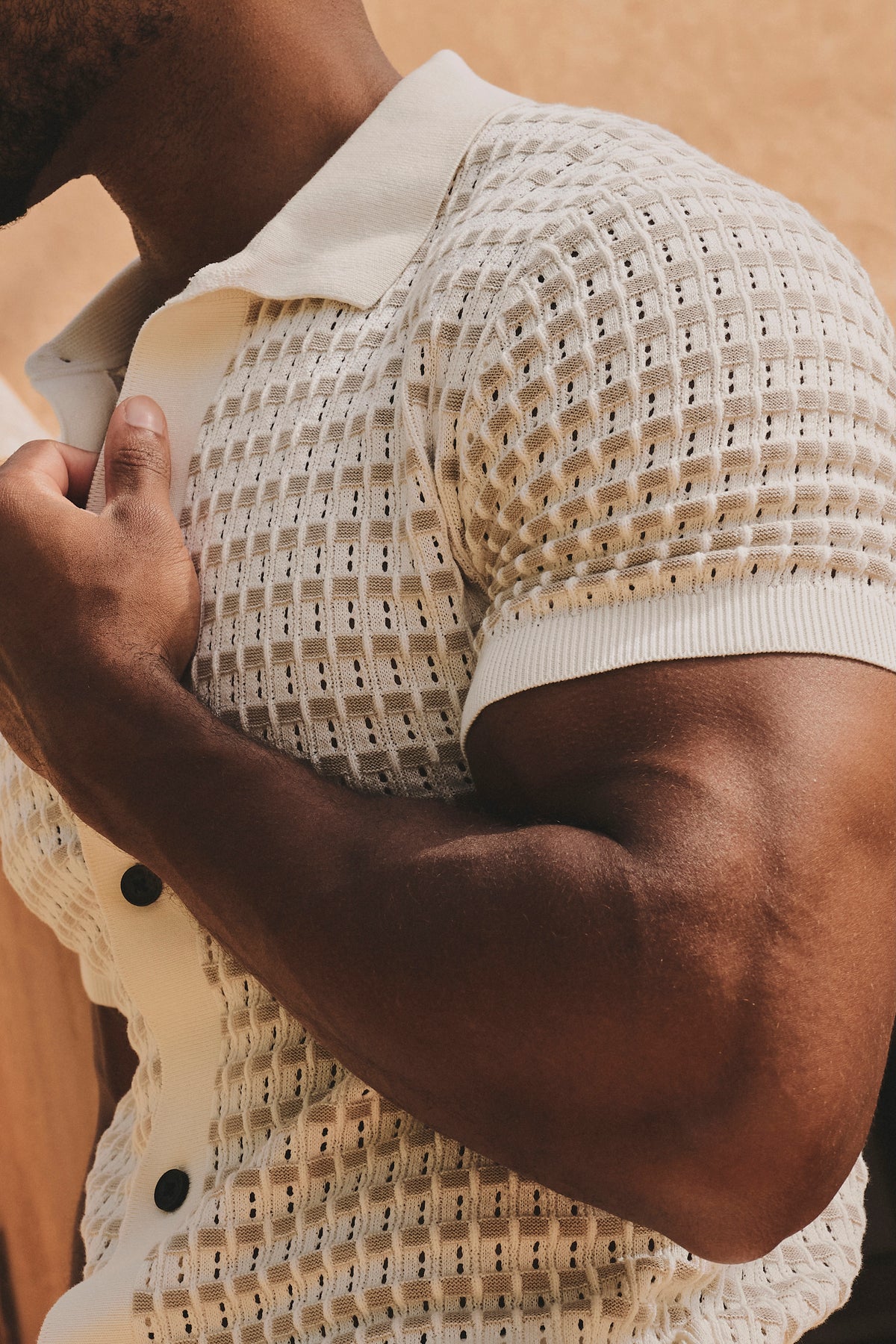 Two Tone Crochet Knitted Shirt in Chalk