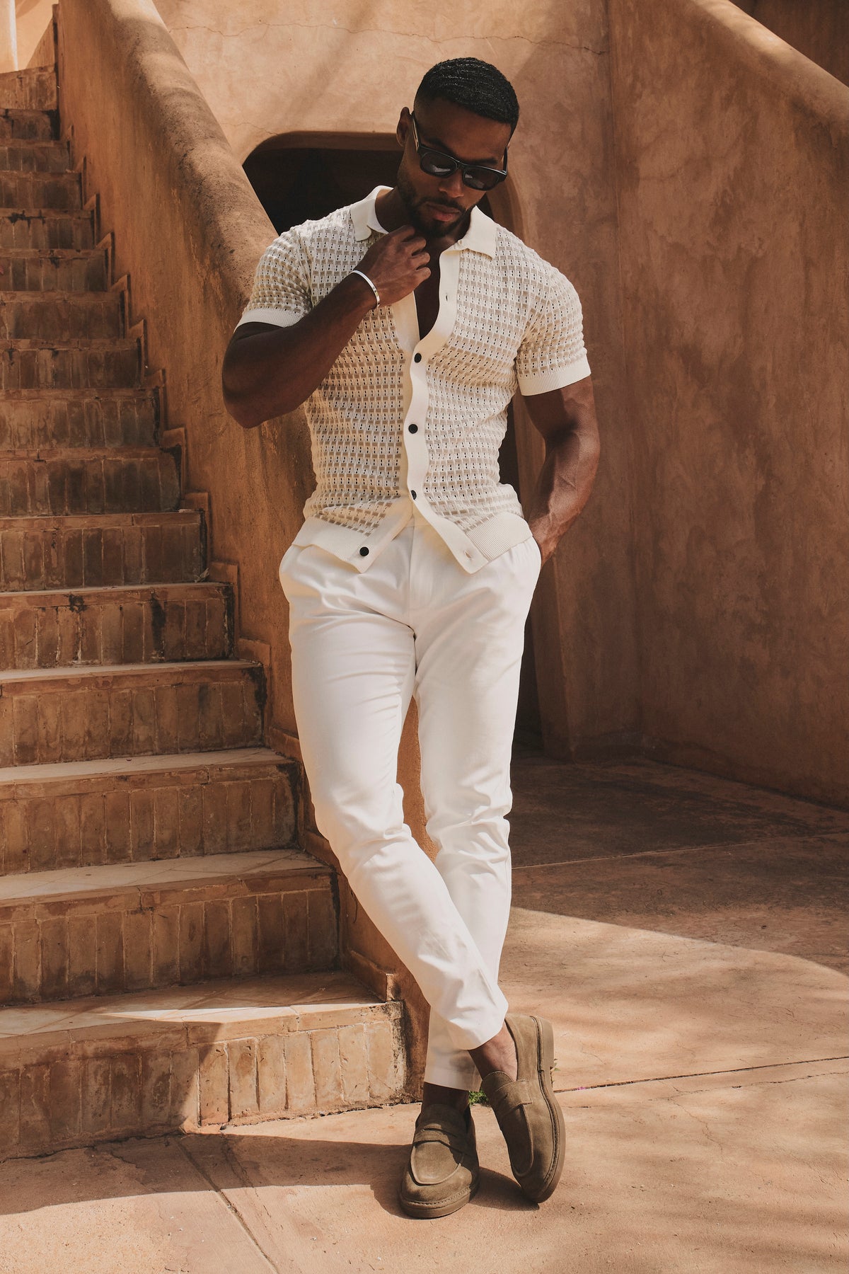 Two Tone Crochet Knitted Shirt in Chalk