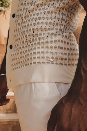 Two Tone Crochet Knitted Shirt in Chalk