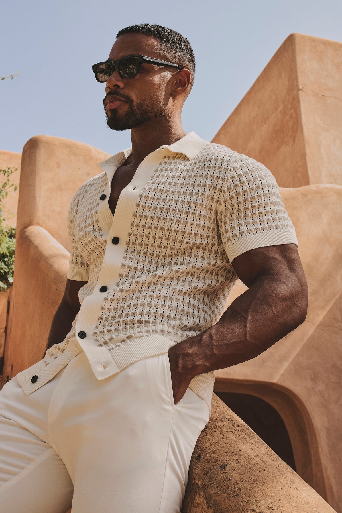 Two Tone Crochet Knitted Shirt in Chalk