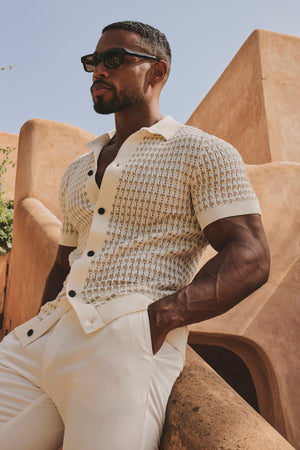 Two Tone Crochet Knitted Shirt in Chalk