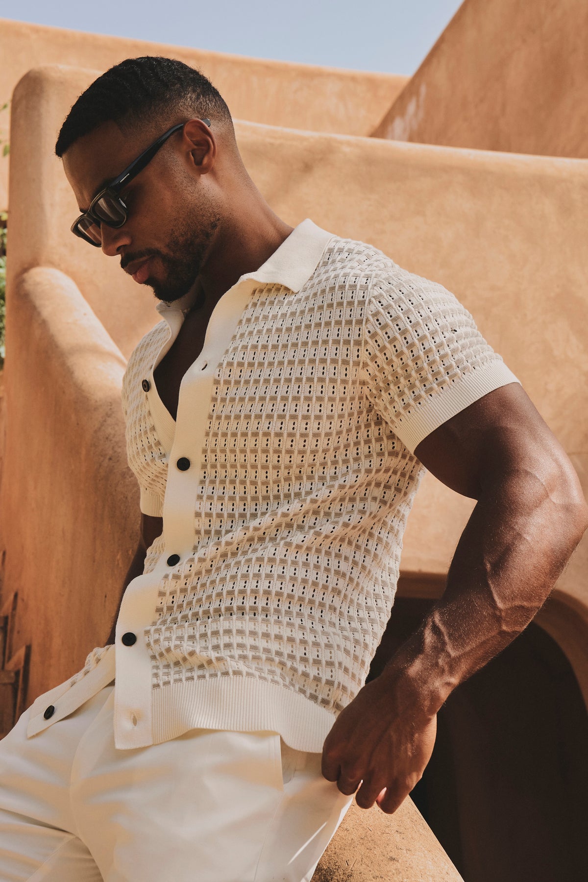 Two Tone Crochet Knitted Shirt in Chalk