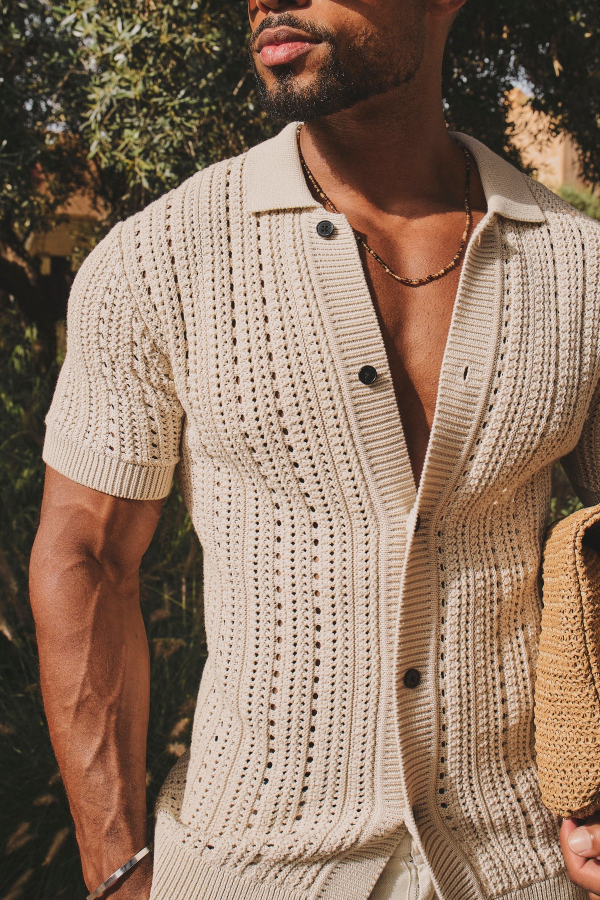 Vertical Stripe Crochet Knitted Shirt in Neutral