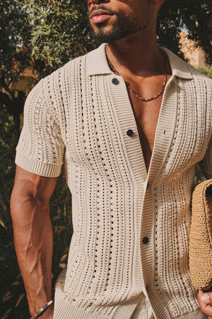 Vertical Stripe Crochet Knitted Shirt in Neutral
