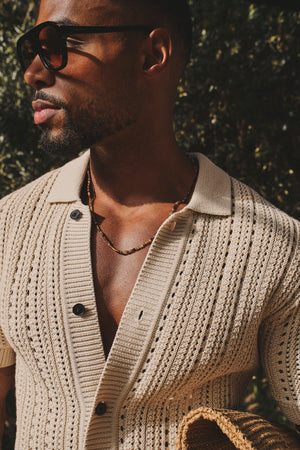 Vertical Stripe Crochet Knitted Shirt in Neutral