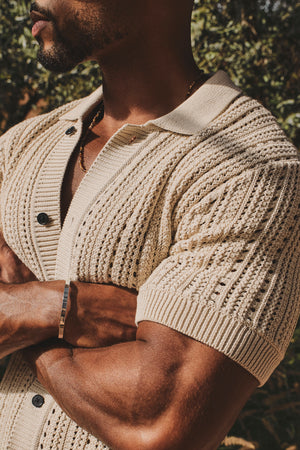 Vertical Stripe Crochet Knitted Shirt in Neutral