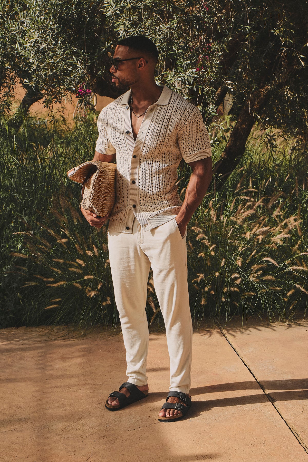 Vertical Stripe Crochet Knitted Shirt in Neutral