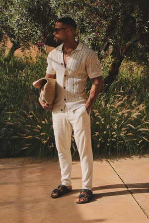 Vertical Stripe Crochet Knitted Shirt in Neutral