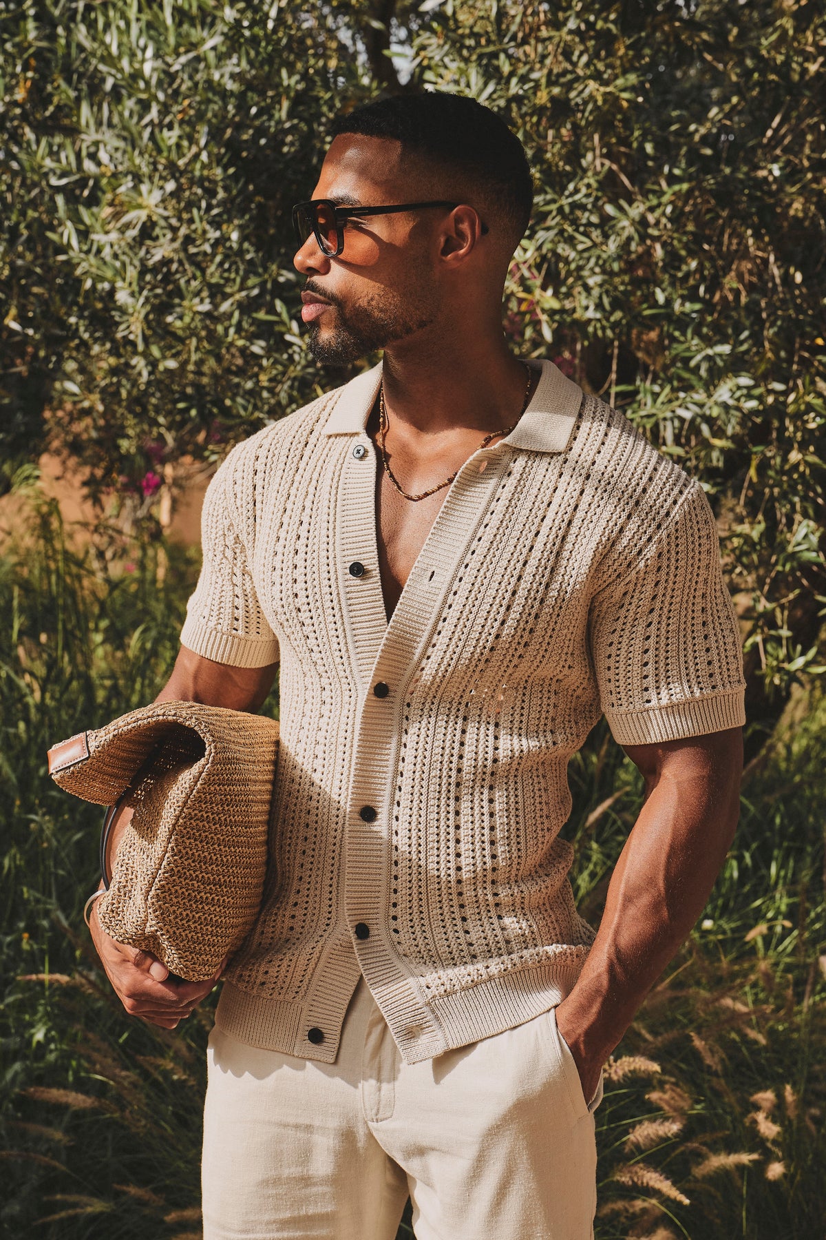 Vertical Stripe Crochet Knitted Shirt in Neutral S