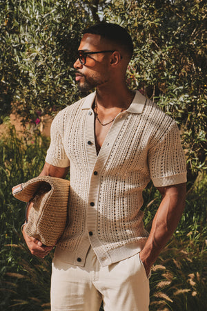 Vertical Stripe Crochet Knitted Shirt in Neutral