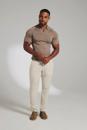Extra Fine Merino Wool Knitted Open Collar Polo Shirt in Camel Marl