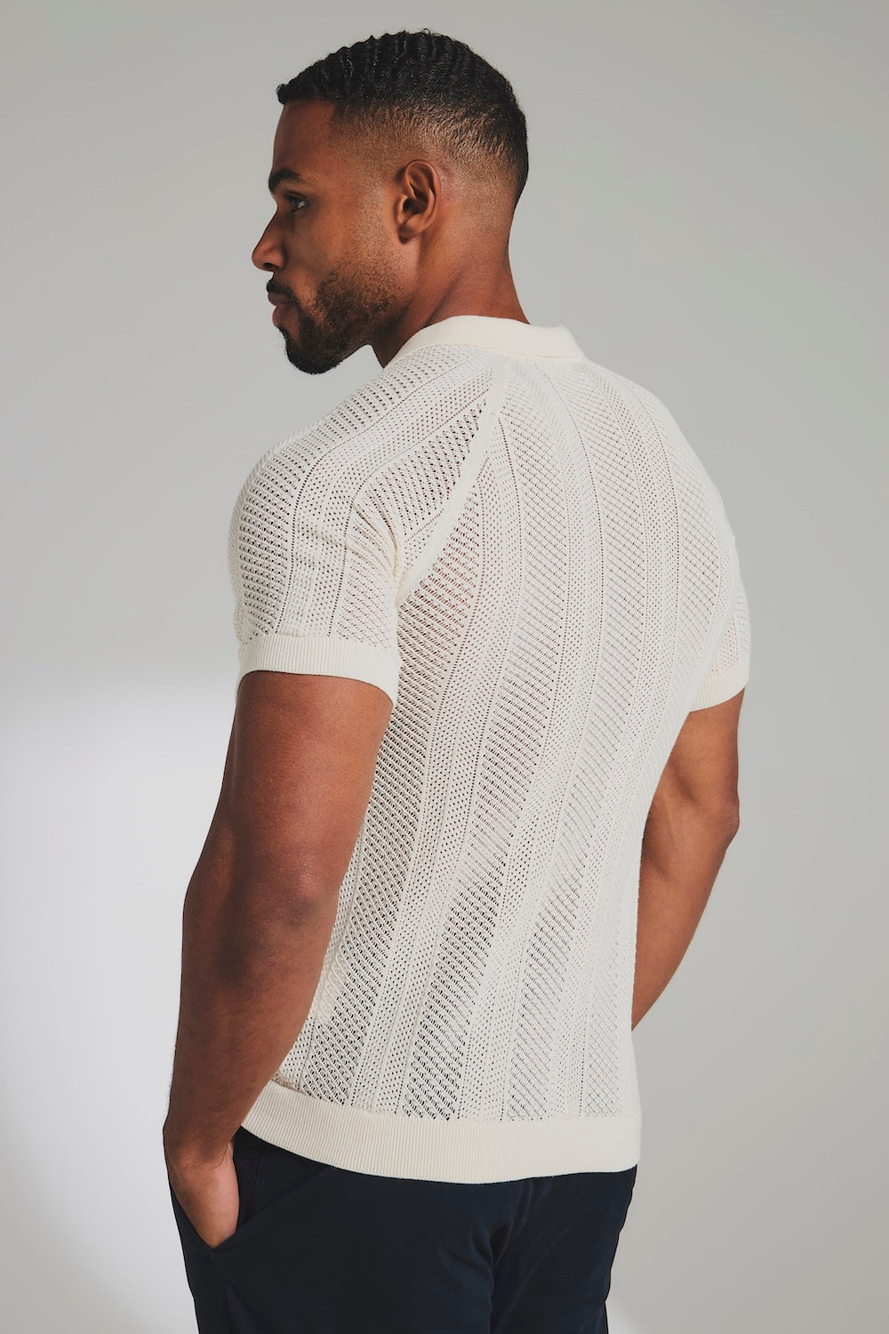 Textured Knitted Zip Neck Polo Shirt In Chalk