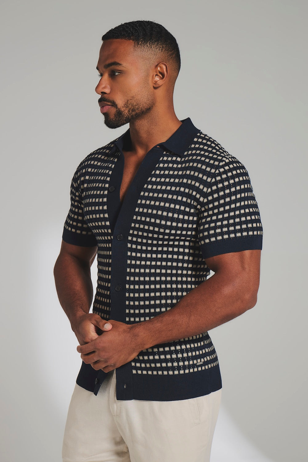 Two Tone Crochet Knitted Shirt in Navy and Stone S