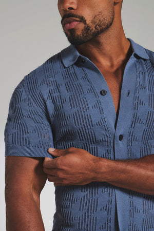 Geo Crochet Knitted Shirt in Slate Blue