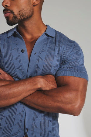 Geo Crochet Knitted Shirt in Slate Blue