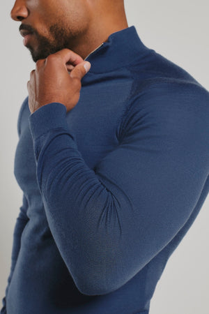 Extra Fine Merino Wool Half Zip Neck Sweater in Airforce