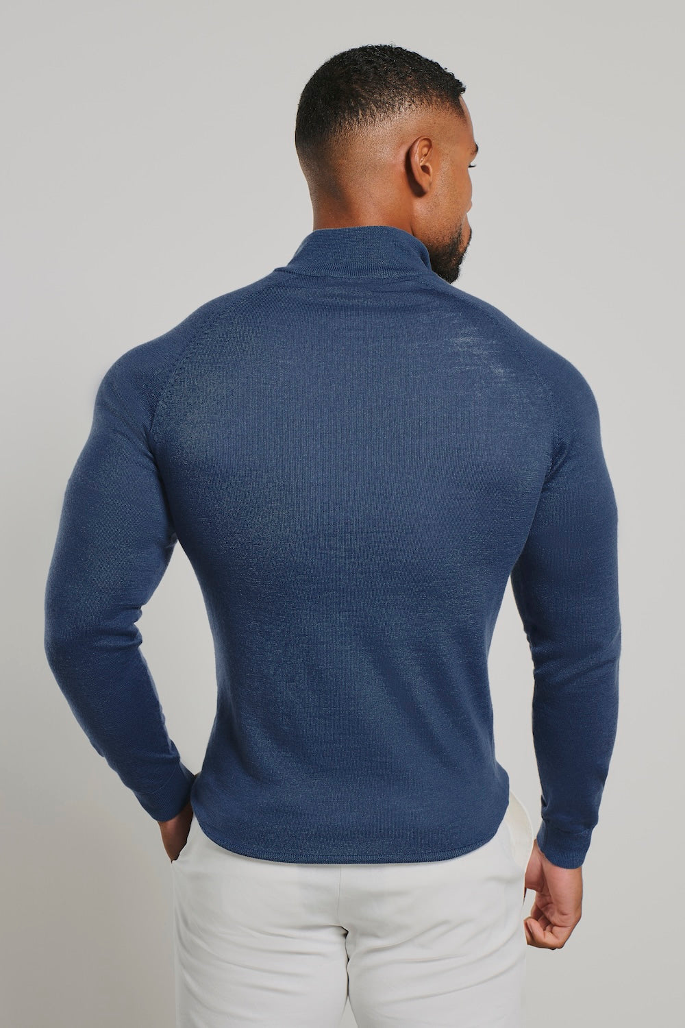 Extra Fine Merino Wool Half Zip Neck Sweater in Airforce