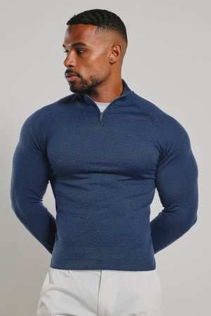 Extra Fine Merino Wool Half Zip Neck Sweater in Airforce