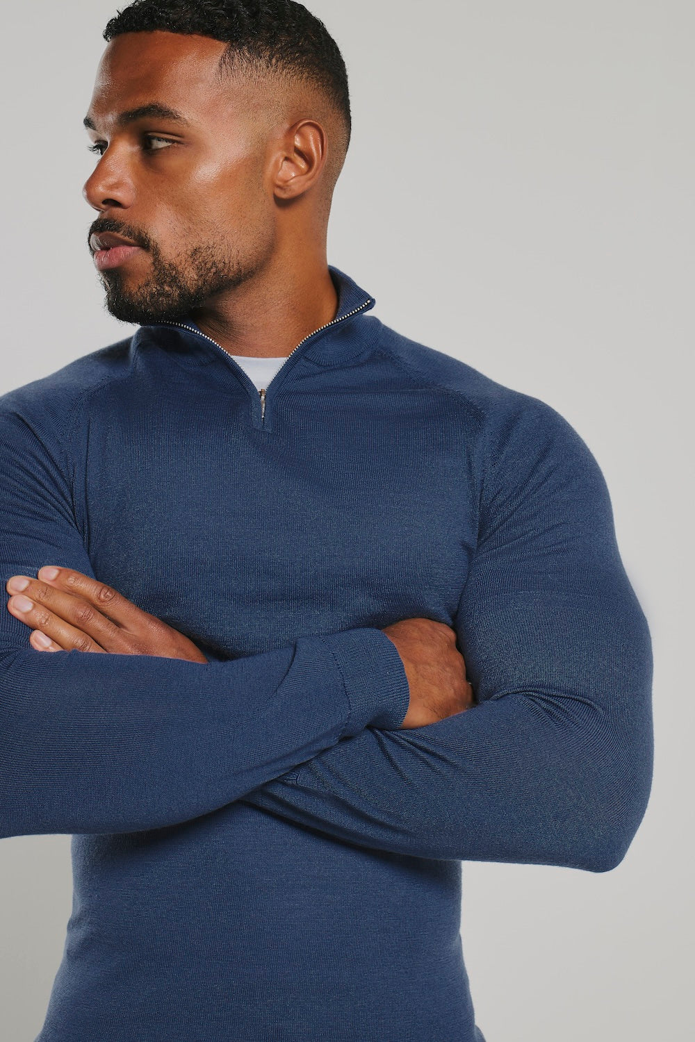Extra Fine Merino Wool Half Zip Neck Sweater in Airforce