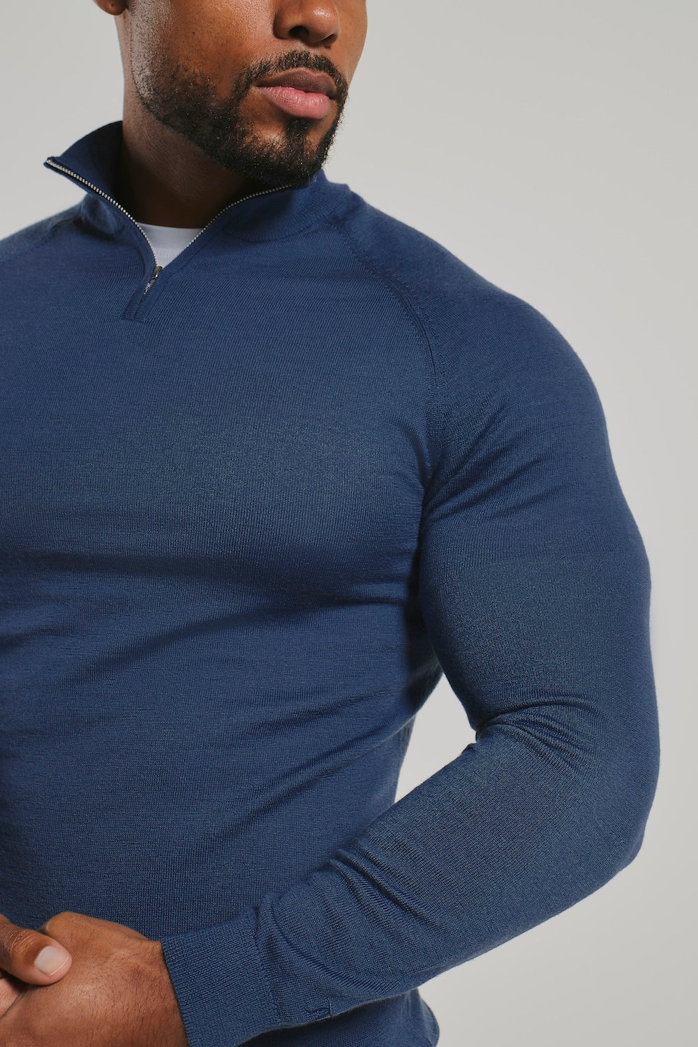 Extra Fine Merino Wool Half Zip Neck Sweater in Airforce