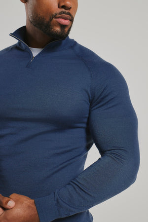 Extra Fine Merino Wool Half Zip Neck Sweater in Airforce