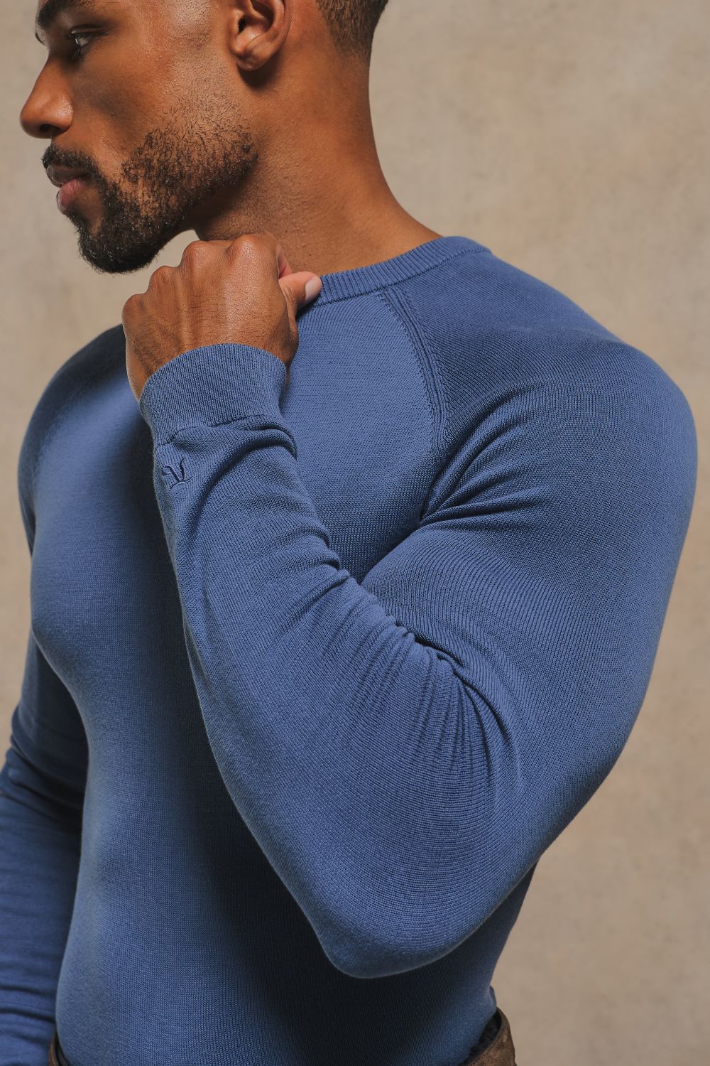 Pure Cotton Knitted Crew Neck Sweater in Airforce