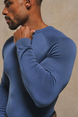Pure Cotton Knitted Crew Neck Sweater in Airforce