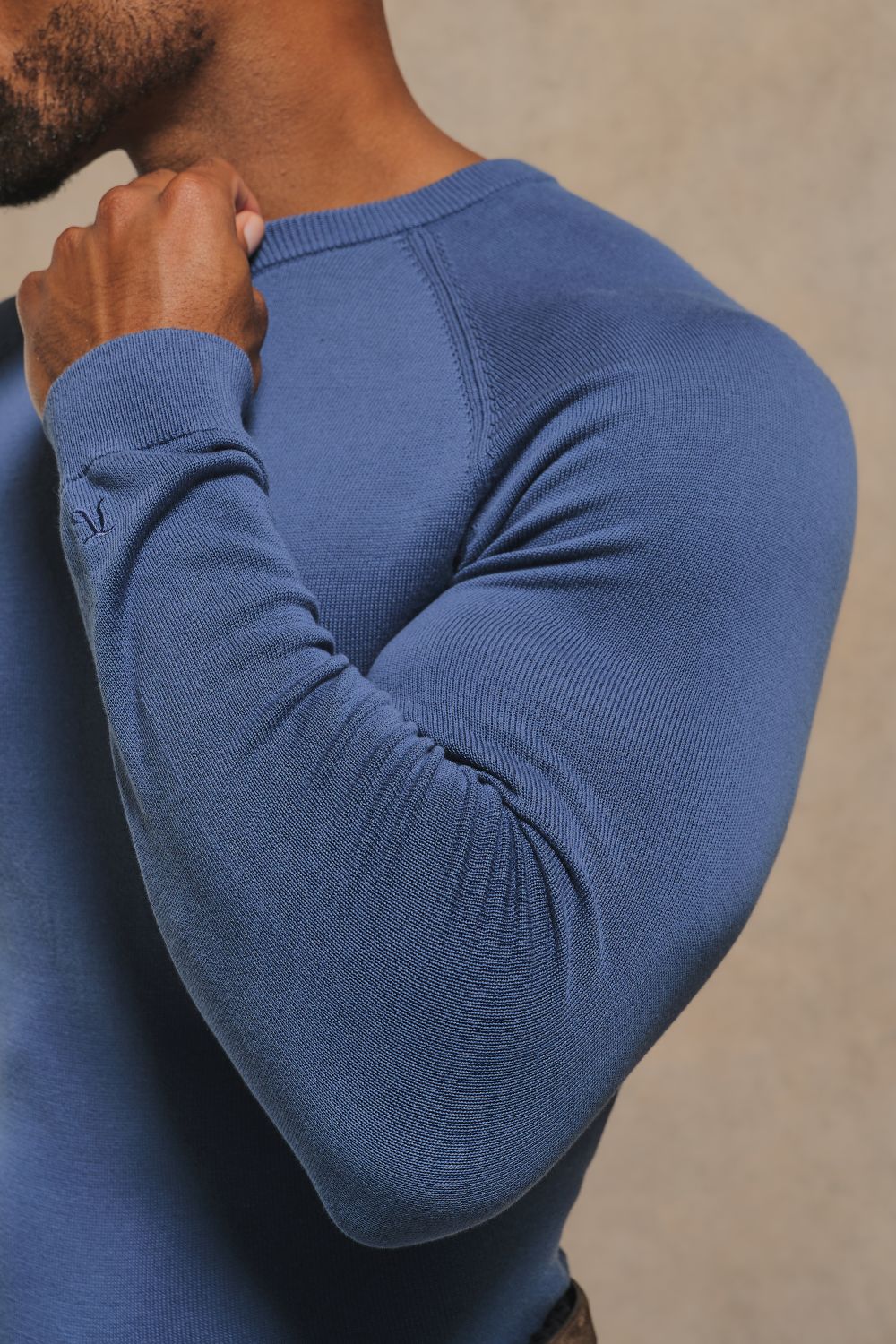 Pure Cotton Knitted Crew Neck Sweater in Airforce