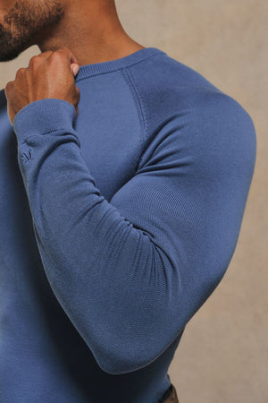 Pure Cotton Knitted Crew Neck Sweater in Airforce