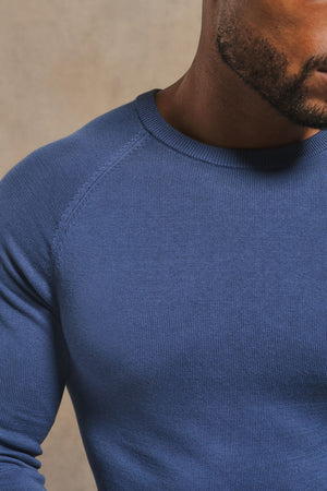 Pure Cotton Knitted Crew Neck Sweater in Airforce