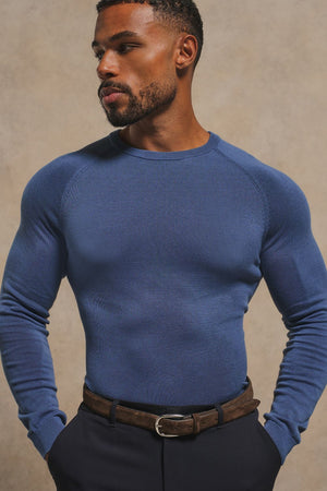 Pure Cotton Knitted Crew Neck Sweater in Airforce