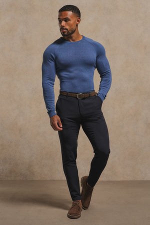 Pure Cotton Knitted Crew Neck Sweater in Airforce