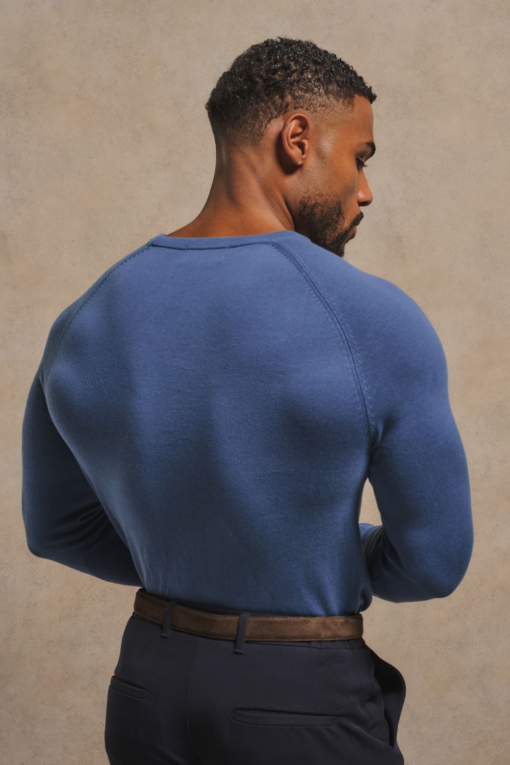 Pure Cotton Knitted Crew Neck Sweater in Airforce