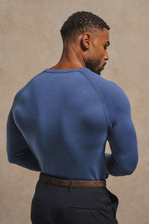 Pure Cotton Knitted Crew Neck Sweater in Airforce
